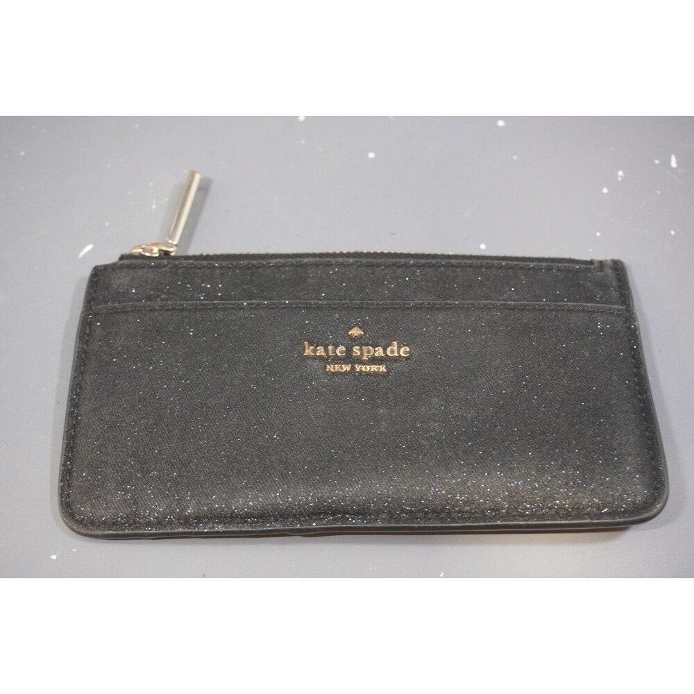 Kate Spade New York Black Glitter Slim Zip Card Holder Wallet